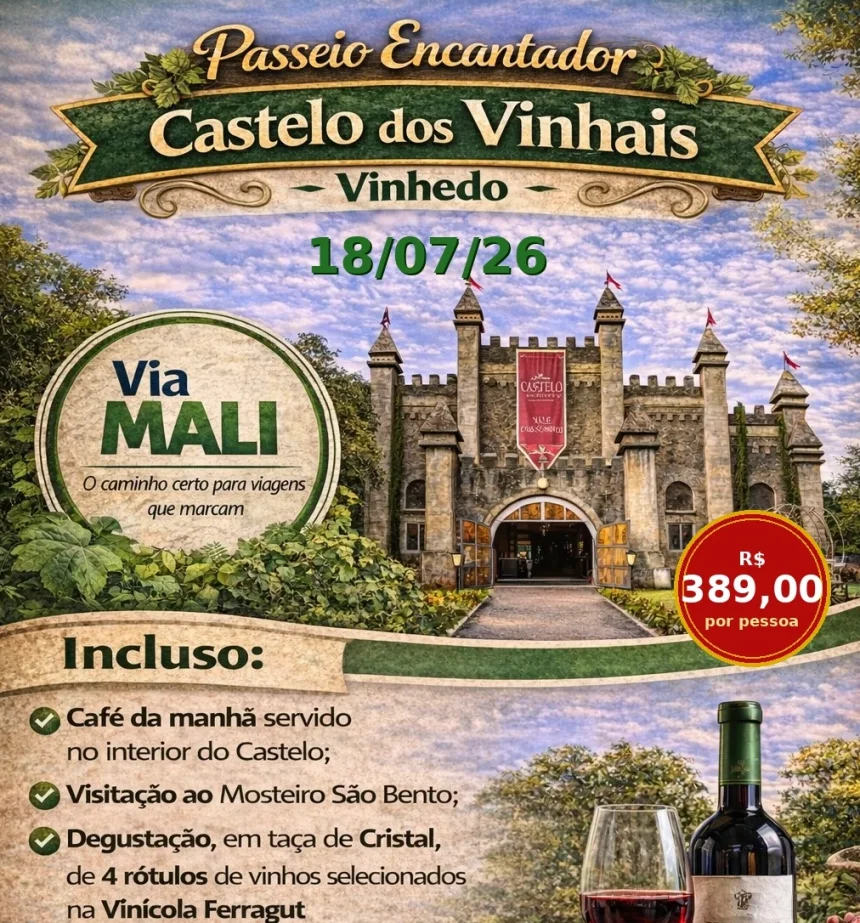 CAFÉ COLONIAL NO CASTELO DOS VINHAIS & CITY TOUR EM VINHEDO-SP - Julho 2026